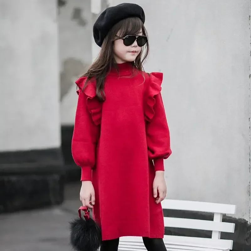 

winter autumn Child lace Kids Girls Clothes Red Knitted Ruffles Teenager Long Sleeve Sweater Dresses 7 8 9 10 11 12 13 14 Years