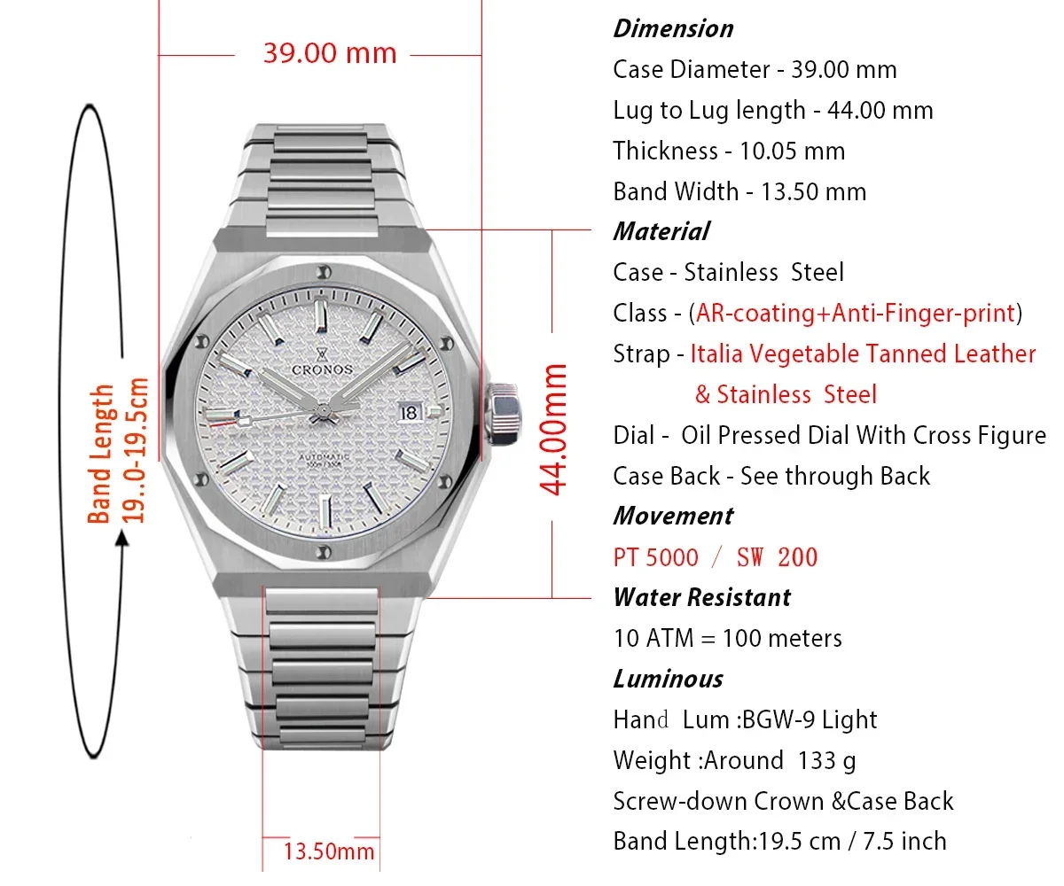 Cronos Luxusuhr für Herren, 39 mm, PT5000, SW200-Uhrwerk, automatische Armbanduhren, Saphirglas, 10 ATM, wasserdicht, durchsichtig, L6028M