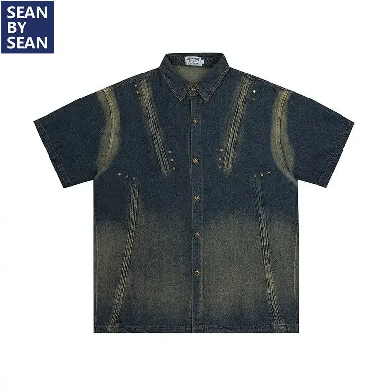 

American Gradient Dirty Washed Distressed Style Denim Shirt Unisex Summer Loose Casual O-neck Fashionable Couple Shirt Tops