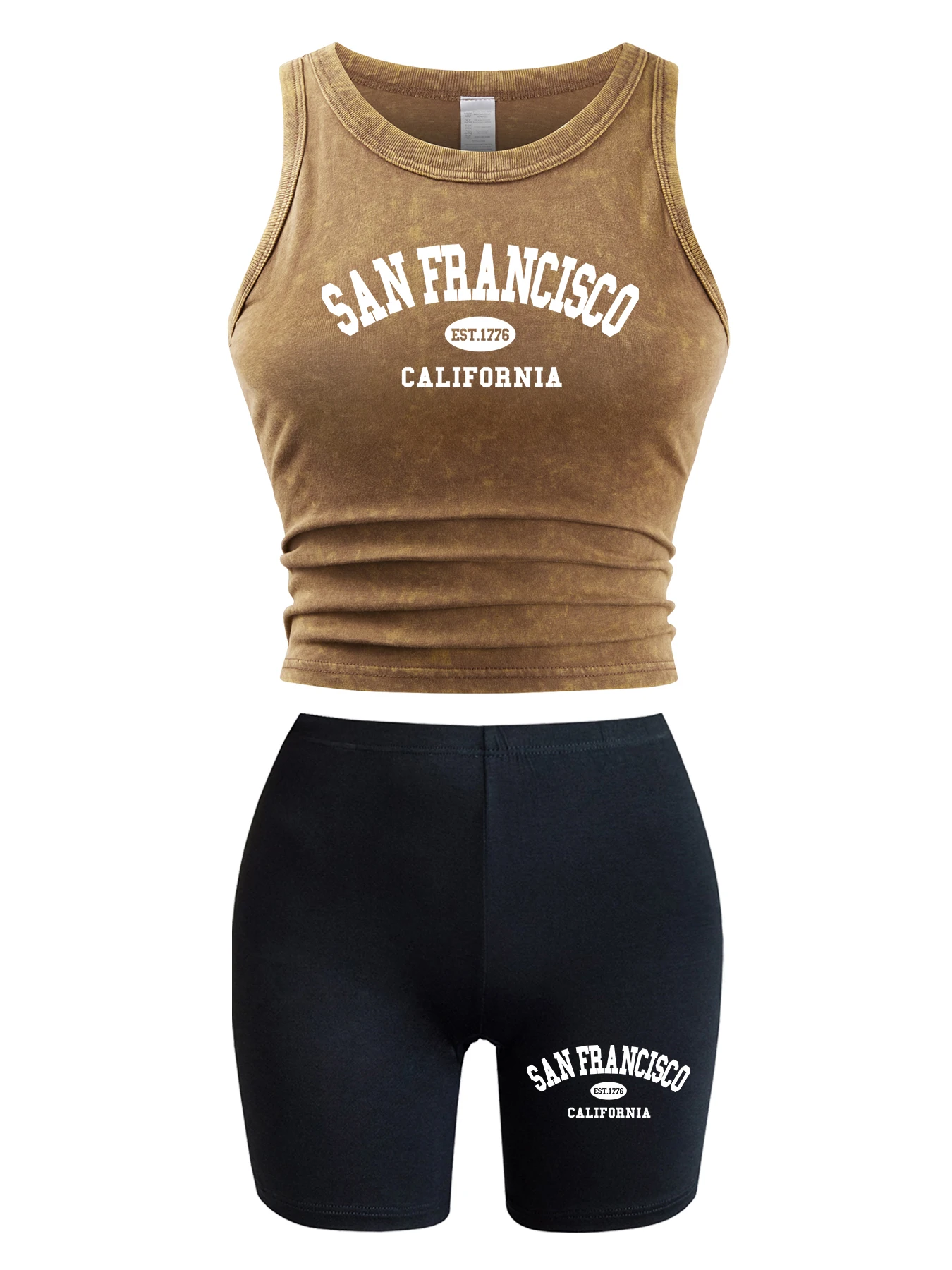

California San Francisco City Letter Print Women Washed Short Set Summer Cotton Vest Retro Hip Hop Clothes Slim Hip Hop Tank Top