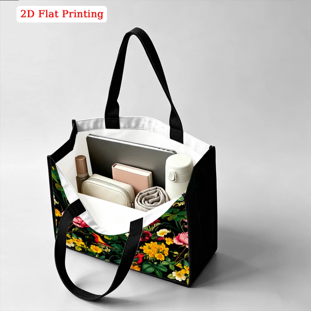 Dark Background Vintage Oil Painting Lush Blooming Rose Wildflower Bird Full Garden Print Large Tote Bag, Floral Art Handbag
