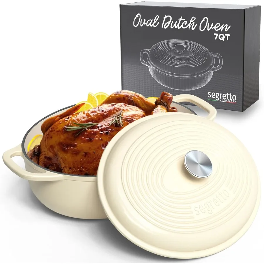 

Enameled Cast Iron Oval Dutch Oven 7 Quarts White for Slow Cooking and Braising Durable Enamel Coating Resists Chipping and Sta