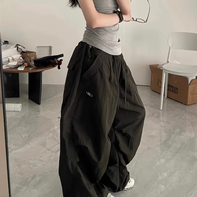 

Grunge Jazz Dance Workwear Casual Pants Women Drawstring Loose Pleated Wide Leg Parachute Sports Jogging Pants Hip Hop Trousers