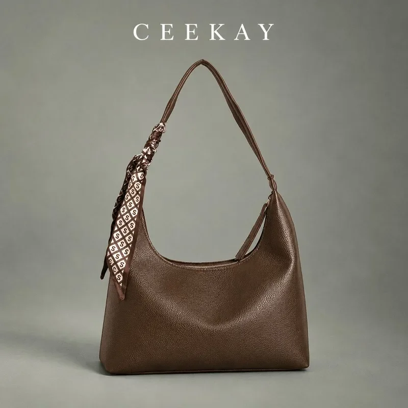 CEEKAY Pebbled Leather Hobo Bag Scarf Accent Top Zip Single Strap All-Match Daily Wear Compact Elegant Chic Classic for Women's