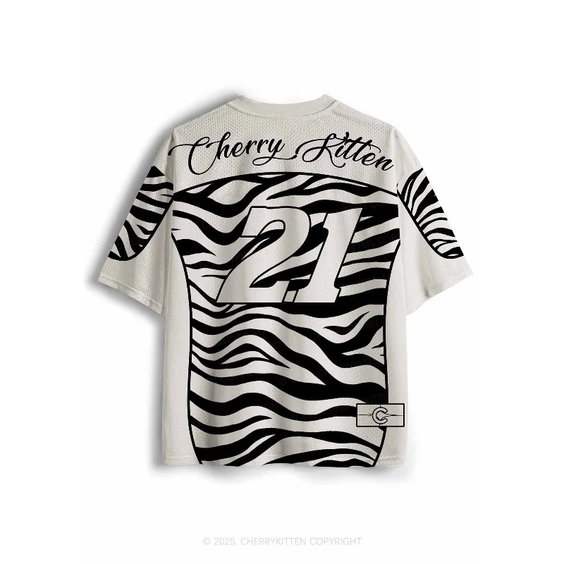 Y2K Millennium Style Zebra Print Slogan Jersey with Black and White Contrasting Mesh Breathable Loose Short Sleeved Top