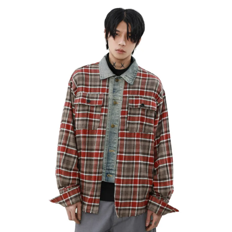 WVGA Spring Autumn New Man Tide Denim Patchwork Plaid Trendy Long Sleeve Shirt Niche Chic Casual Turn-Down Collar Top Ins W13583