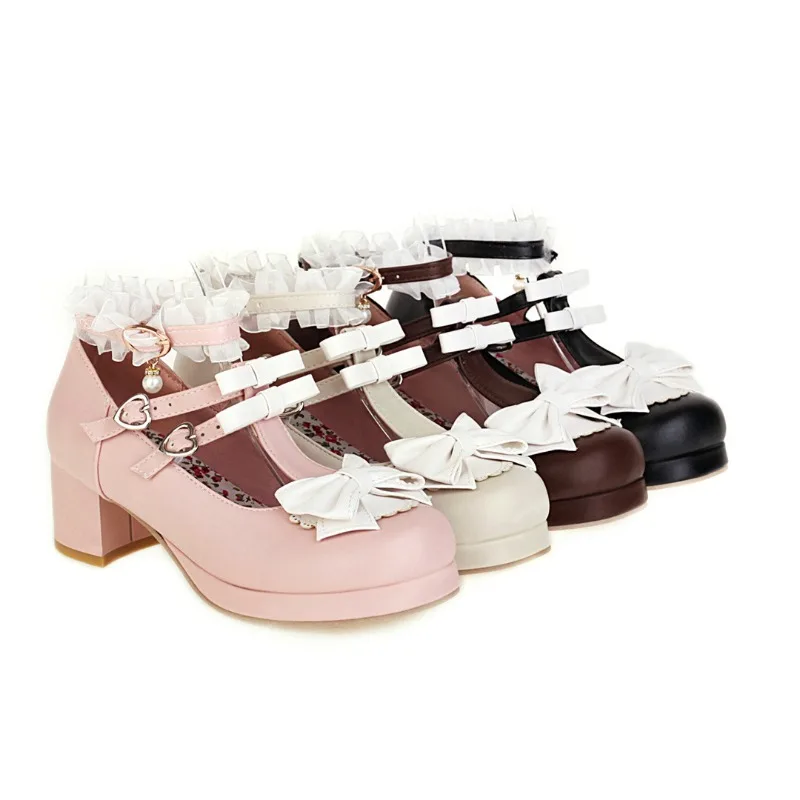 Japanese Style Sweet Fresh Lolita Pumps Fairy Bow Round Toe Block High Heels Women Kawaii Fashion Footwear