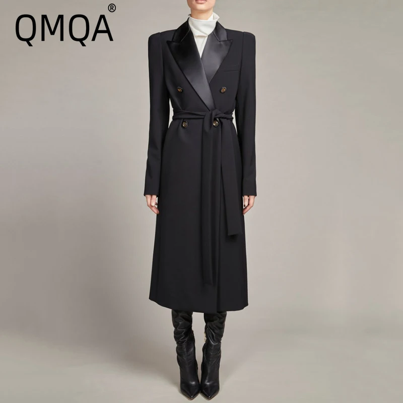 QMQA Fashion Women's Elegant Trench Coat Lapel Long Sleeve Double Breasted Lace Up Waist Windbreaker Winter Female New 1A901