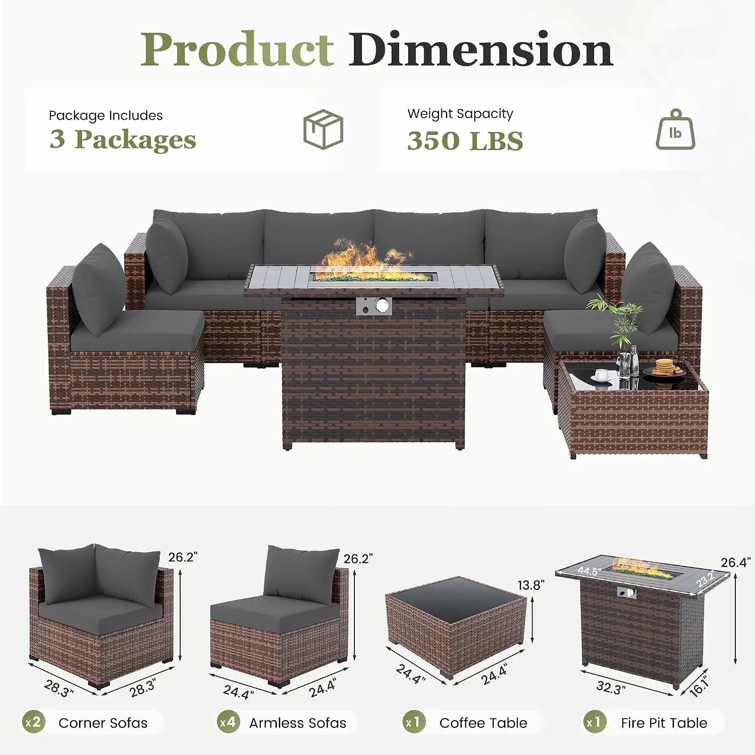8 Pieces Patio Furniture Set with Fire Pit Table, Dark Grey, Custom