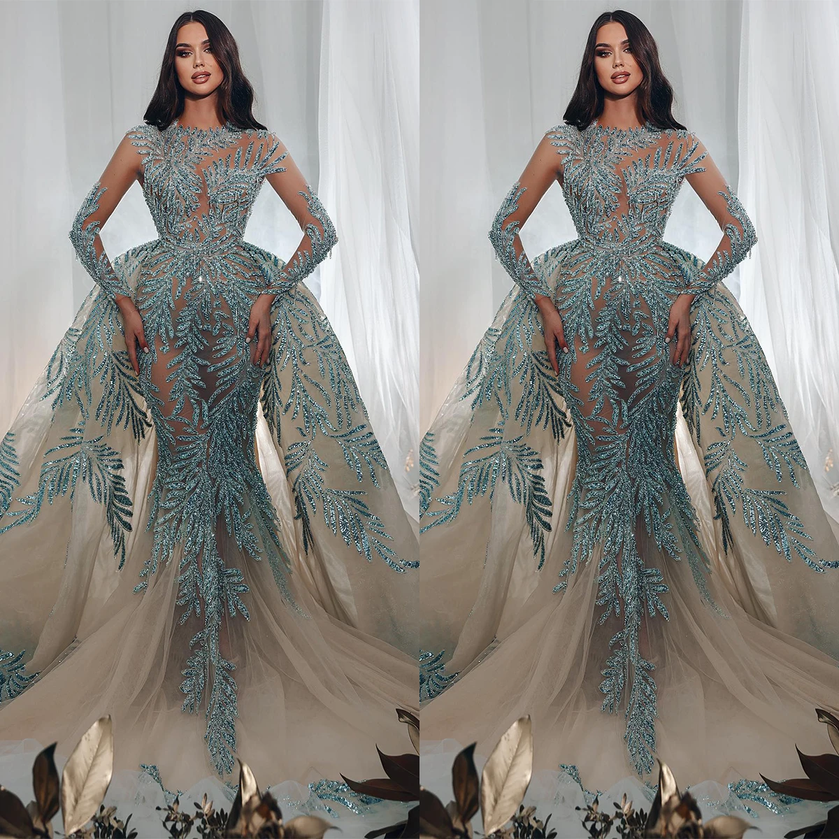 Charming Prom Dresses Mermaid For Women Illusion Removable Sweep Train Crystal Sequins Evening Dresses Robe De Soirée