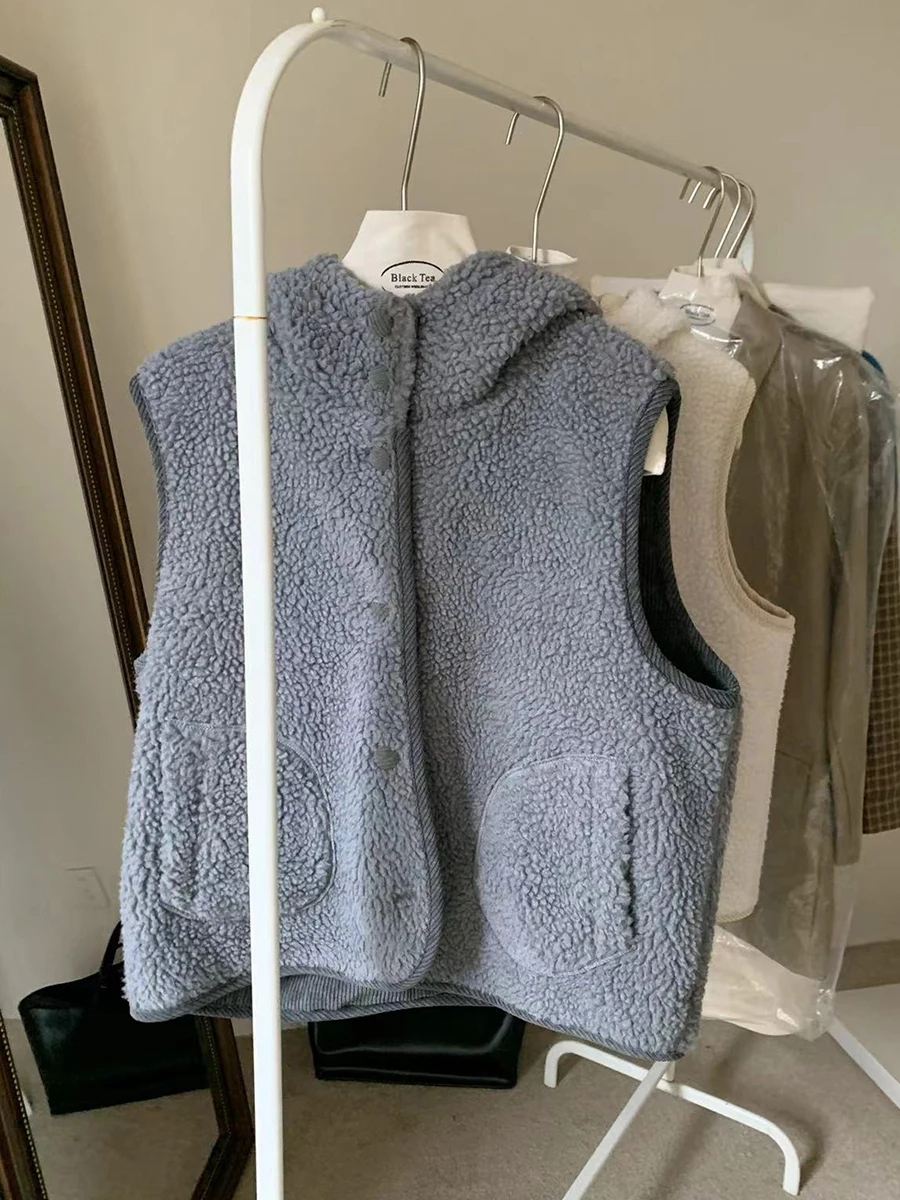 Inverno nuovo gilet con cappuccio in lana d'agnello solida donna giacca monopetto senza maniche moda coreana gilet tascabile casual capispalla