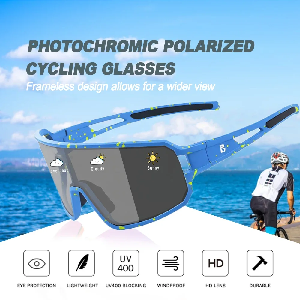 BOLLFO Photochromic Polarized Running Eyewear Men Women All-Day Auto-Adjusting Cycling Sunglasses UV400 Protection Bike Glasses