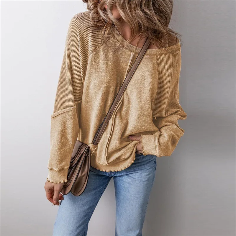 Women Patchwork Waffle Knit Long Sleeve Sweatshirt Crew Neck Loose Casual Pullover Tops Multi Colors