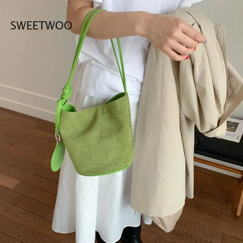 2026 Women Suede Bucket Bag Korean Style Soft Underarm Purse with Removable Charm