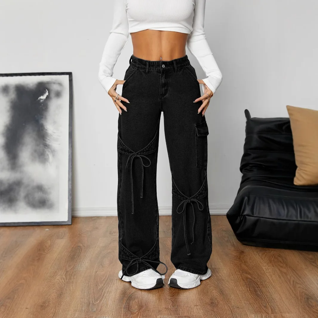 Casual Straight Leg Wide Leg Jeans Women's Workwear Style Design Cross-Border Loose Fit Trousers Mid Waist