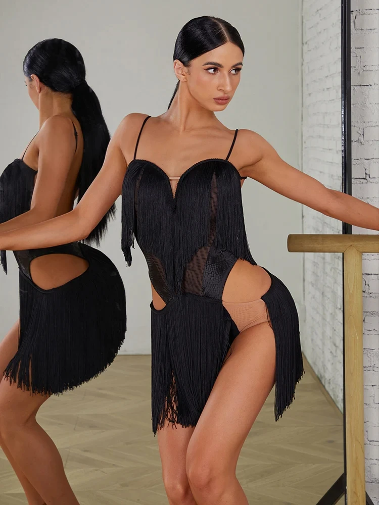 Latin Dance Competition Fringe Dress Cutout  Practice Performance Little Black Wishful Fringe Dress #2404