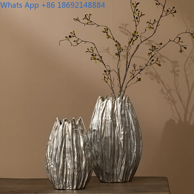 Florero de Metal minimalista moderno de estilo europeo, arreglo floral plateado, decoración para sala de estar y Hotel