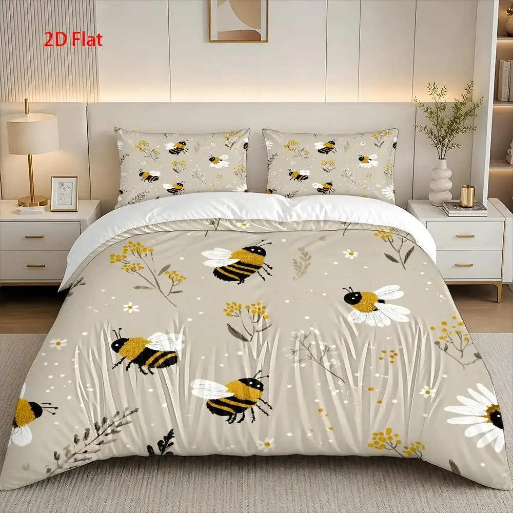 3-Piece 2D Bedding Set with Digital Print, Bee and Flower Sea Theme Pattern, Childlike Hand-Drawn Style, Digital Print, Soft and Comfortable Fabric, Suitable as a Valentine's Day Gift