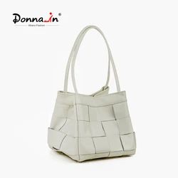 Donna-in Cowhide Leather Handmade Weave Bucket Women Handbag Genuine Leather Fashion Trend Shoulder Cross-body Bag Silver