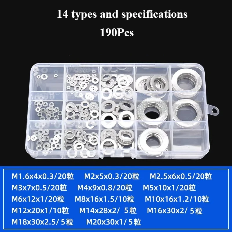 304 Stainless Steel Flat Washer Assortment Kit, M1.6- M20 Metal Gasket Set, Rustproof Hardware Washers for  DIY Repair Fasteners