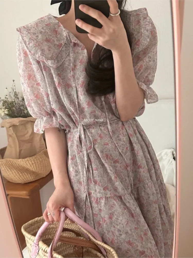 Summer Flower Floral Print Mini Dress Women Short Sleeve Modis Sweet Ruffle Pleated Ladies Dresses Korea Style Loose Woman Dress