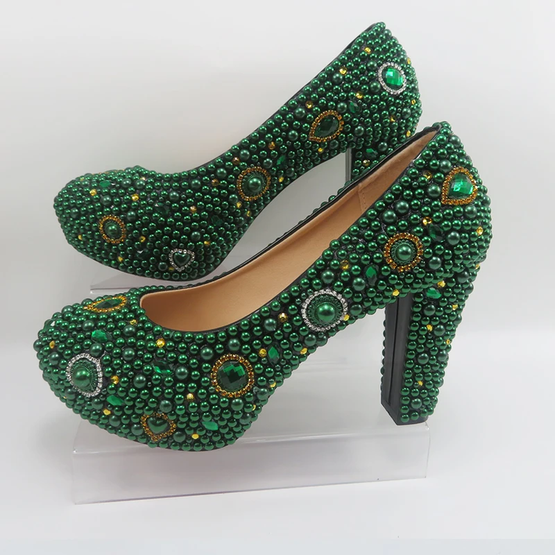 Green Pearl crystal Bridals Wedding shoes with matching bags Rhinestone Round Toe high heels party dress shoes thick with