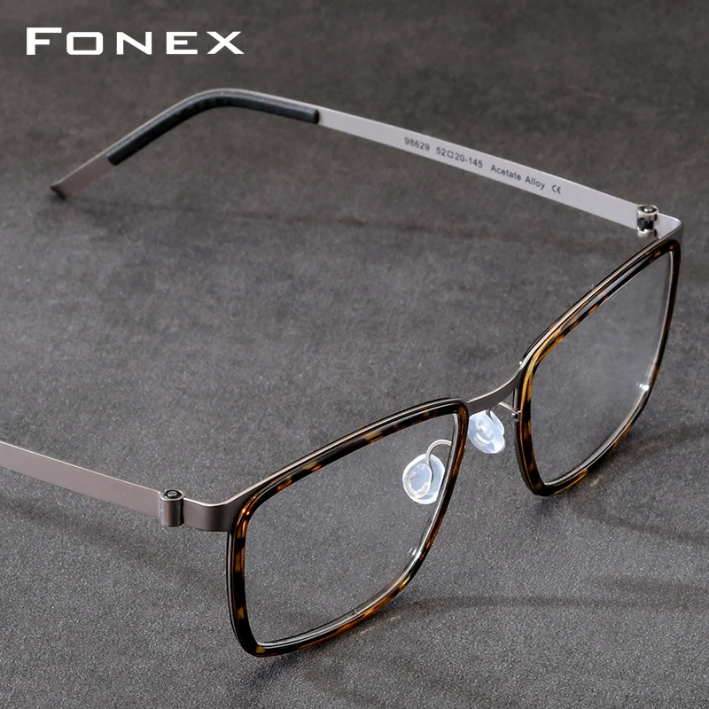 FONEX Acetate Alloy Eyeglasses Frames Men Brand Design Square Glasses Denmark Morten Ultralight Screwless Japanese Eyewear 98629