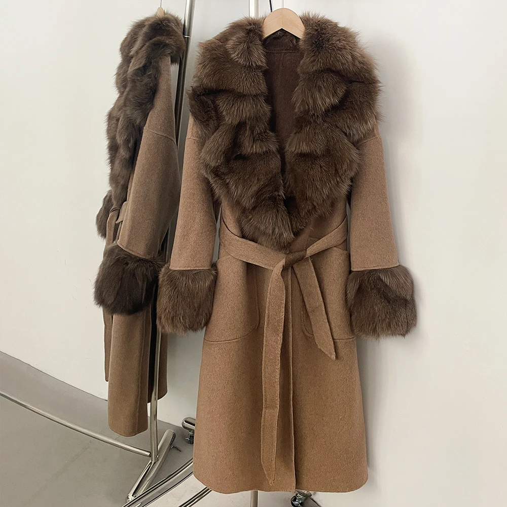 Casaco de lã superior roupas longas quente gola de pele de raposa real e punhos feminino novo outono inverno casacos de pele natural para mulher jaqueta de lã