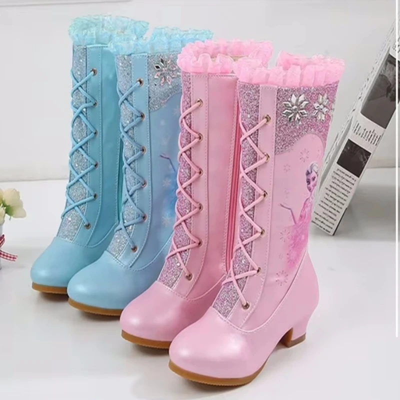 Disney Fashion Pink Girl Shoes Long Boots Disney Children Kids Warm Velvet Boots Shoes Princess Elsa High Heel Boot 26-37