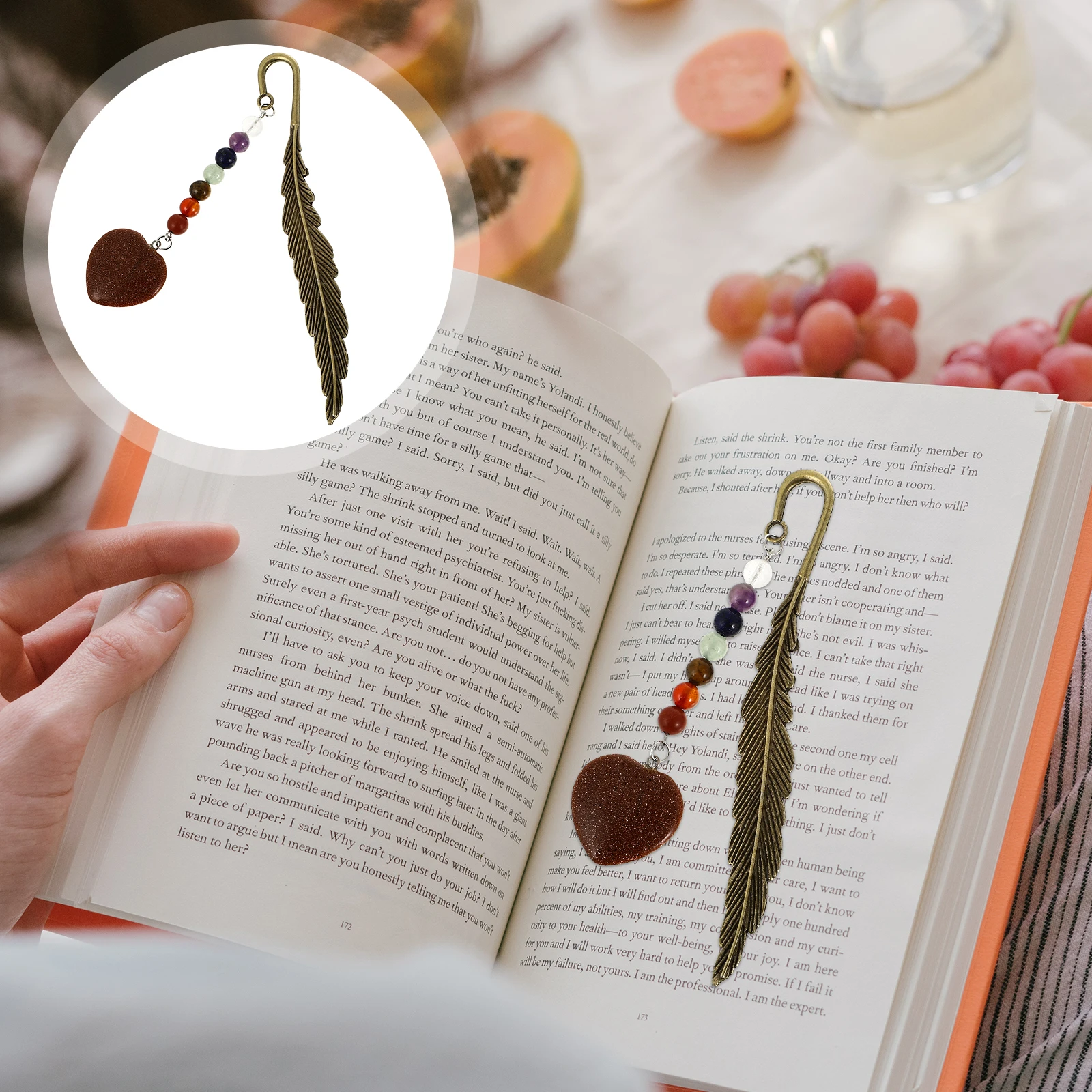 

Metal Stone Bookmark Retro Decor Pendant Vintage with Chain Sign Iron Natural Gemstone Miss Plume Shaped