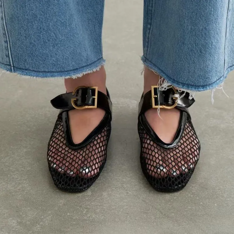 Slip On Ballet Flats Sandals Mesh Buckle Mules Fishnet Ballerina Shoes Women Black Red White Leather Sandalias Mujer Verano