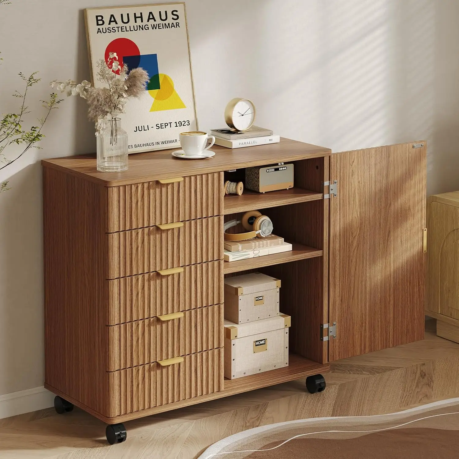 Office Storage Cabinet 5 Drawer Adjustable Shelf Fluted Wood File Cabinet 31.5 inch Desktop Mobile Casters Durable, Customized