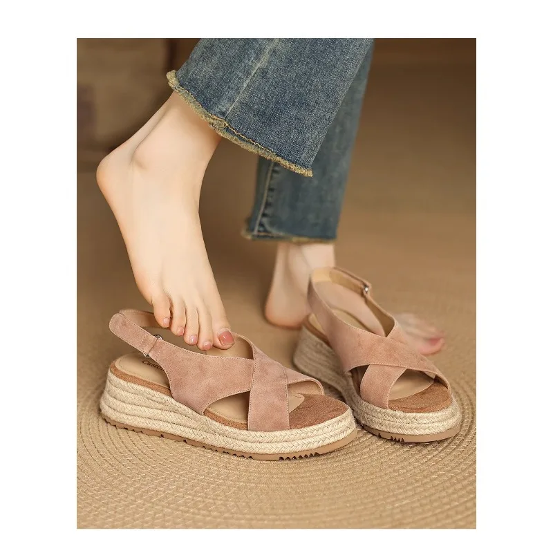 Cross Strap Roman Sandals Women's Summer Wear Heightened Platform Platform Shoes Frosted Straw Fisherman's Shoes - view 4