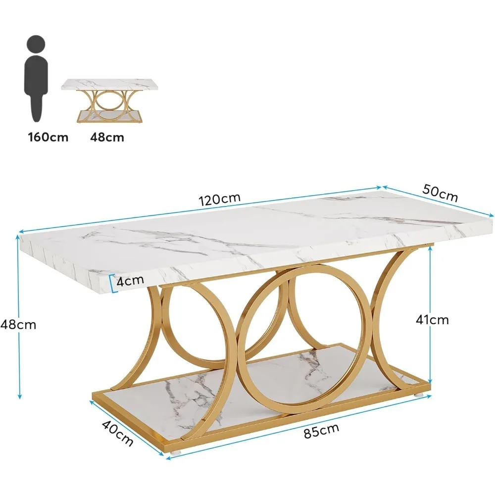 Table basse rectangulaire de 47.24 pouces, tables basses modernes pour la salle de séjour, table basse à 2 niveaux en faux marbre et bois avec pied géométrique