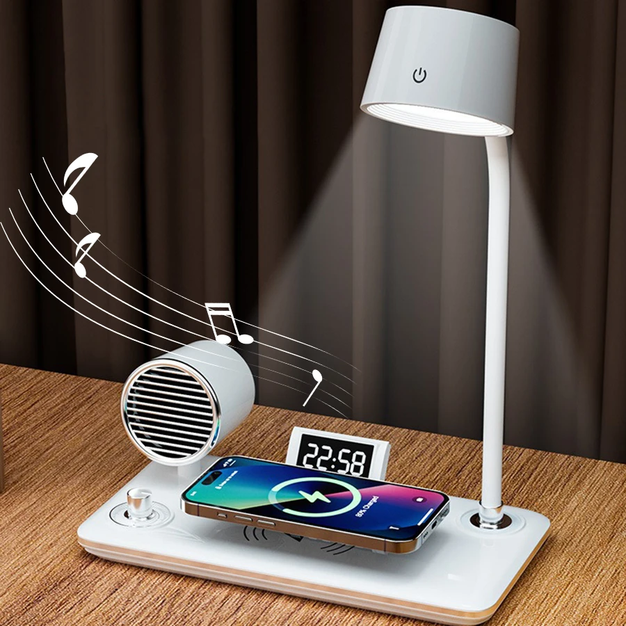 LED Desk Lamp with Wireless Charger&Speaker&Alarm Clock 15W Fast Charging Station for iPhone Touch Control Table Bedside Lamp