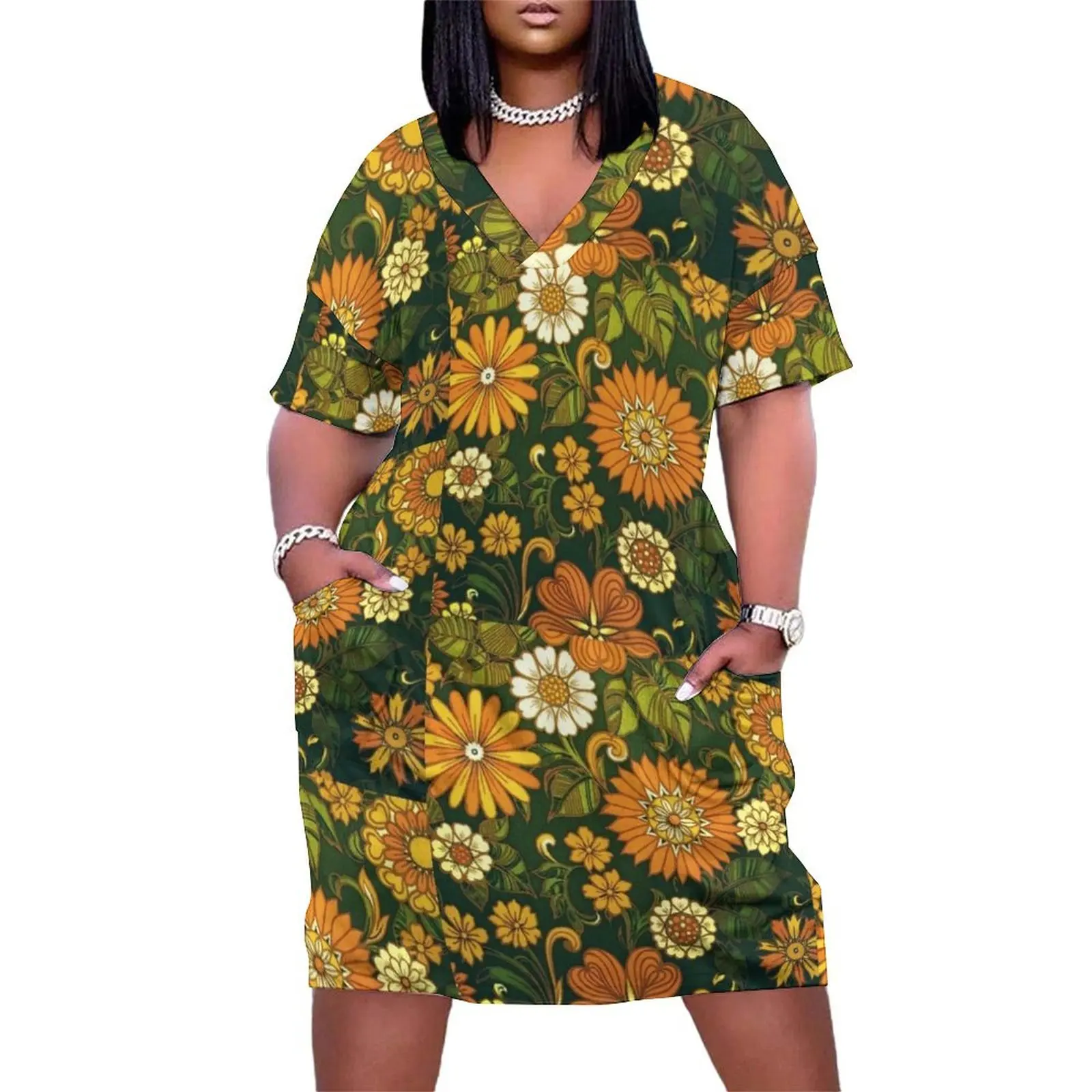 

Green and Orange 70s Pattern Loose Pocket Dress dress party night Dress vintage cute women's elegant loose dresses