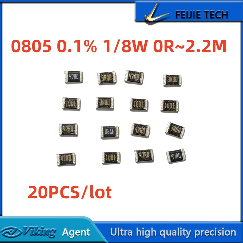 Résistance de haute précision 0805 0.1% 25PPM, 50 pièces/lot, 0ohm ~ 1M 1R 1.2R 2R 2.49R 3.3R 4.75R 9.1R 10R 20R 30R 39R 56R 62R 75R 91R 100R
