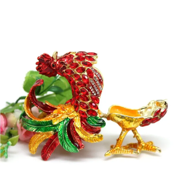 SHINNYGIFTS New Year Gifts Metal Enamel Rooster and Hens Trinket Box Home Decorative Gift Box