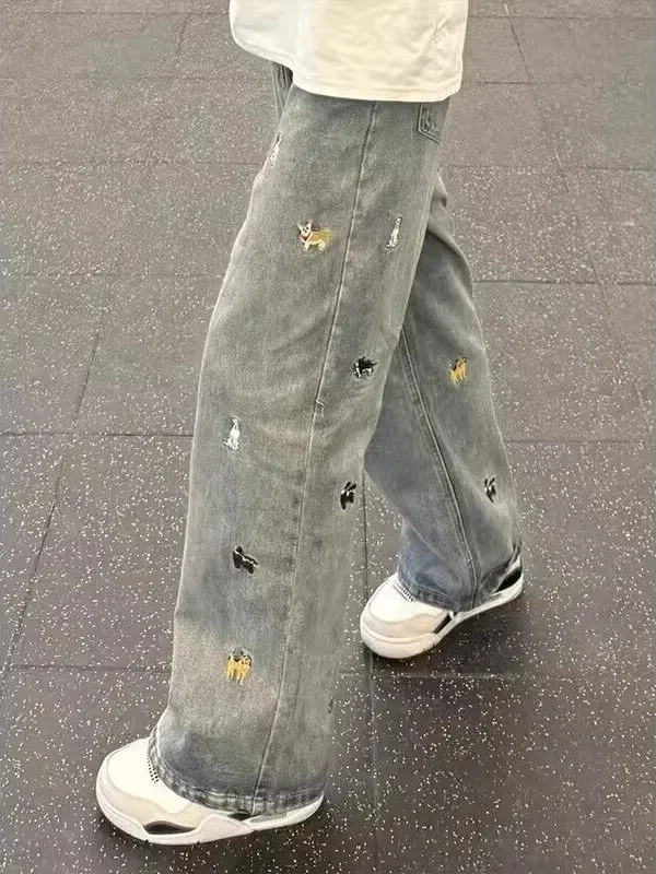 

American High Street Embroidered Jeans Men's Washed Straight Leg Micro Flared Clean Fit Wide Leg Pants Youth Trendy Jeans