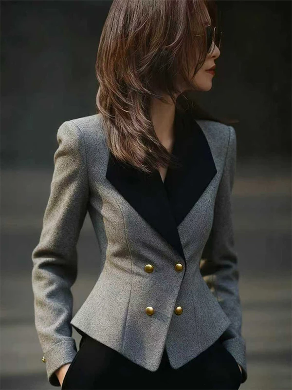 

Slim Fit Double Breasted Color Blo Suit Jaet Women's Waist Cinching Versatile Commute Top Pure Linen Casual Wear