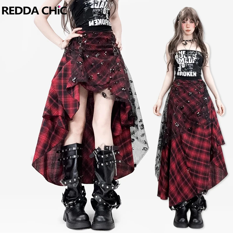 

REDDACHiC 3-WAY Bustle Skirt Sequin Sarong Goth Irregular High Low Adjustable Low Rise Plaid Long Skirt Grunge Women Alt Clothes