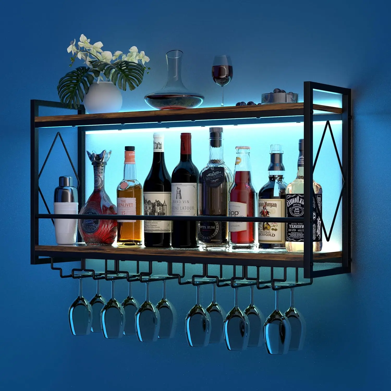 Wall Mounted Wine Rack with LED Light, 31.5" Bar Shelves with Glass Holder, Metal Hanging Storage for Kitchen Home Bar
