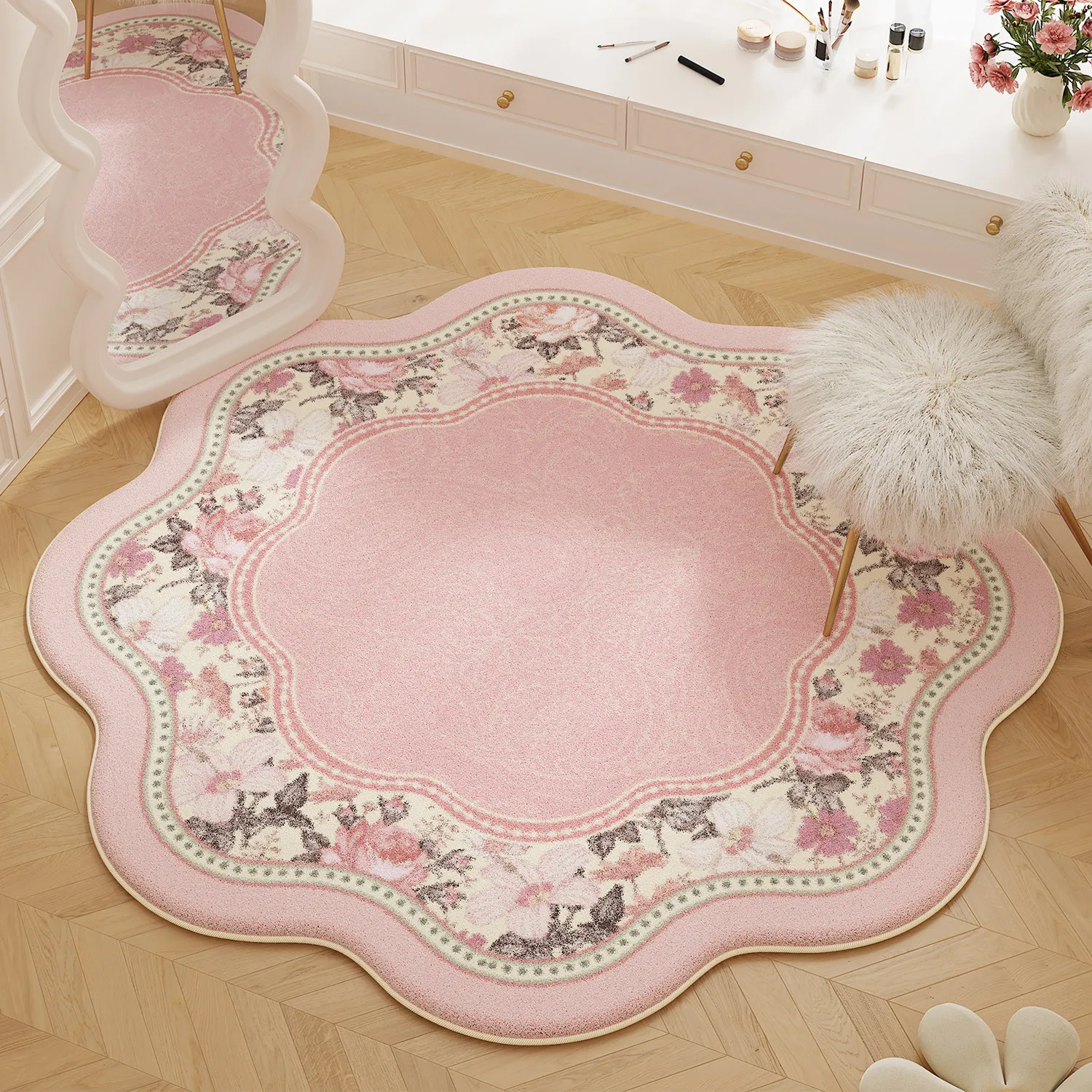 VIKAMA Amerikanischer Rosa Blumenteppich, Einzigartig Geformte Bodenmatte für Mädchenzimmer, Luxuriöse Hochwertige Rutschfeste Fußmatte