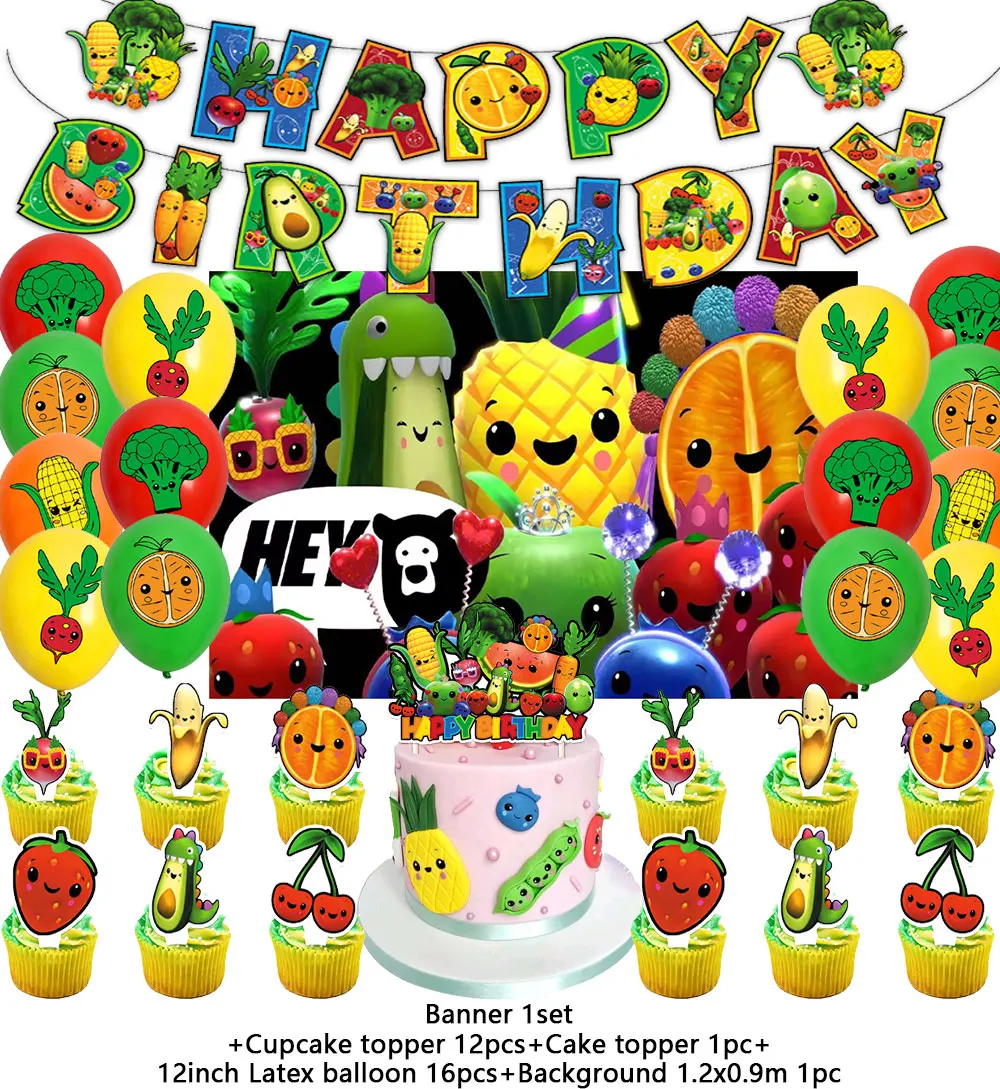 Hey Bear Sensory Fruit Theme Children's Birthday Party Decoration Supplie Cartoon Fruit Banner Backdrop Cake Copper Balloon Gift