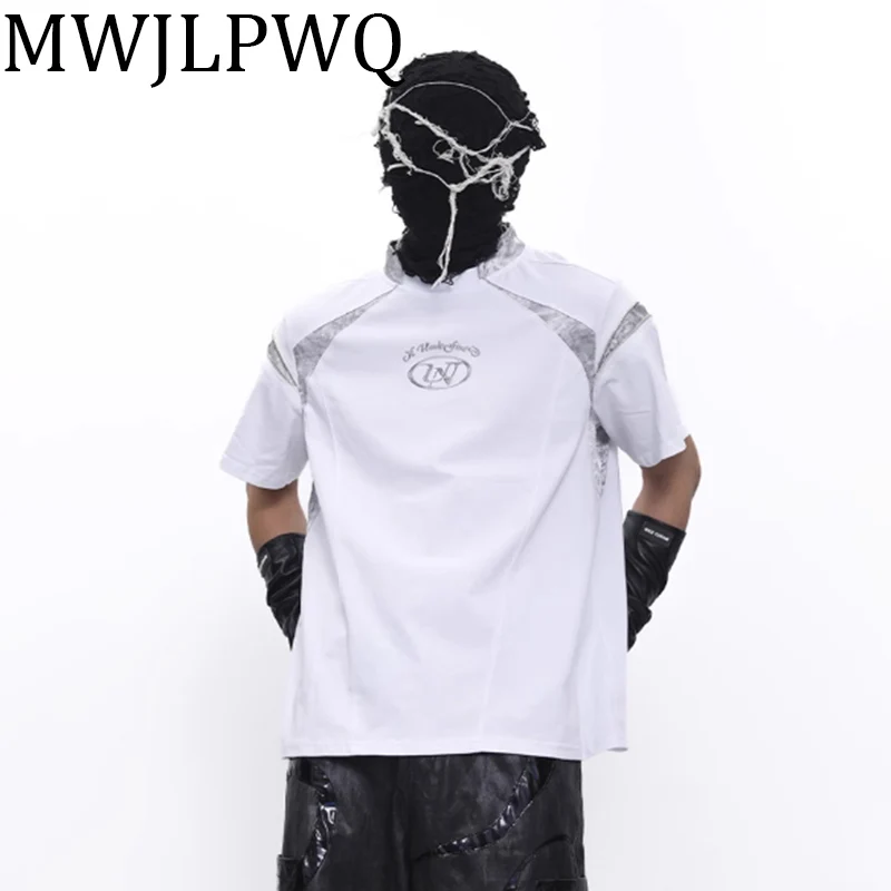 

MWJLPWQ Darkly Metal Niche Design Shoulder Pad T-shirts Male Short Sleeve Summer New Trend Zipper Spliced Men's Tops Y2K 010830