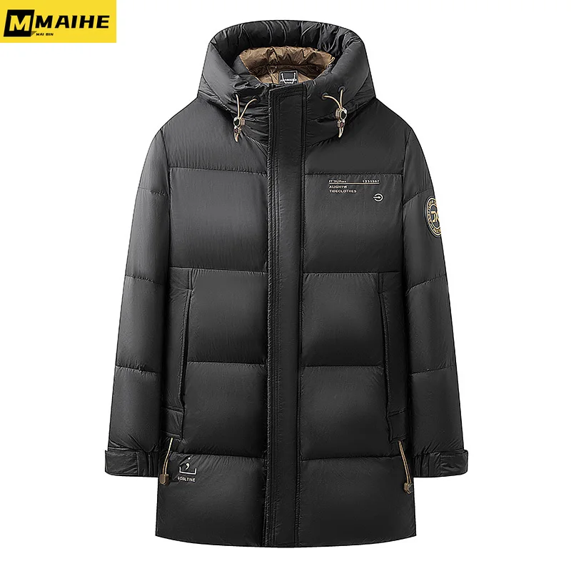 Winter Men Black Down Basic Coats Coffee & Blue Lining White Duck Down Thermal Puffer Parkas Hooded Warm Lightweight Outerwear