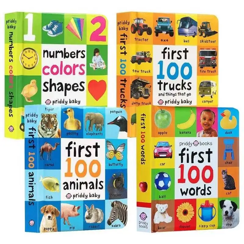 4books Montessori First 100 English Words Learning Cardboard Book Animals Colors Numbers Language Physical Picture Books
