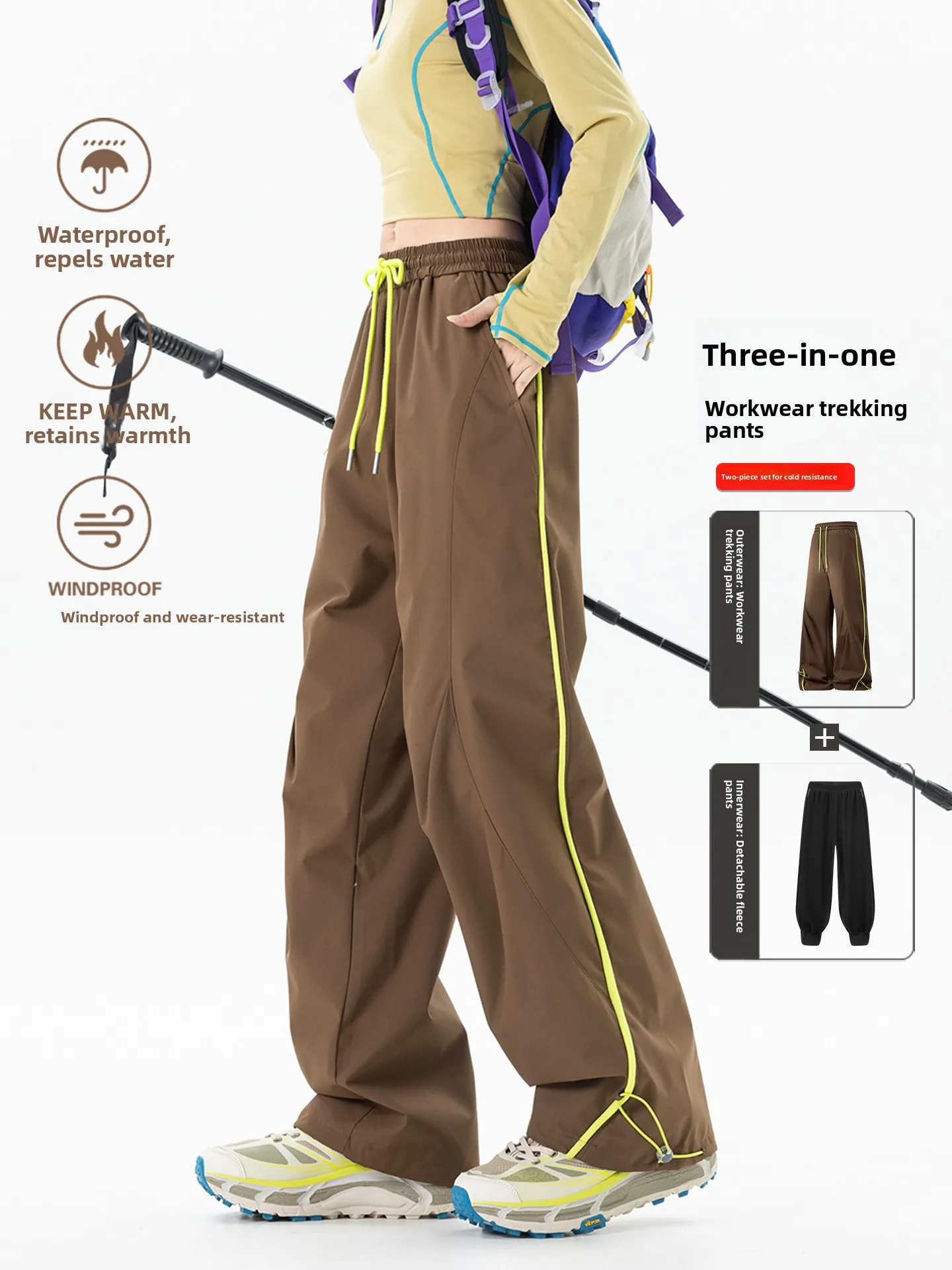 Three-in-One Detachable Ski Pants Men's Outdoor Winter Cold-proof Windproof Fleece-lined Warm Mountain Climbing Trousers