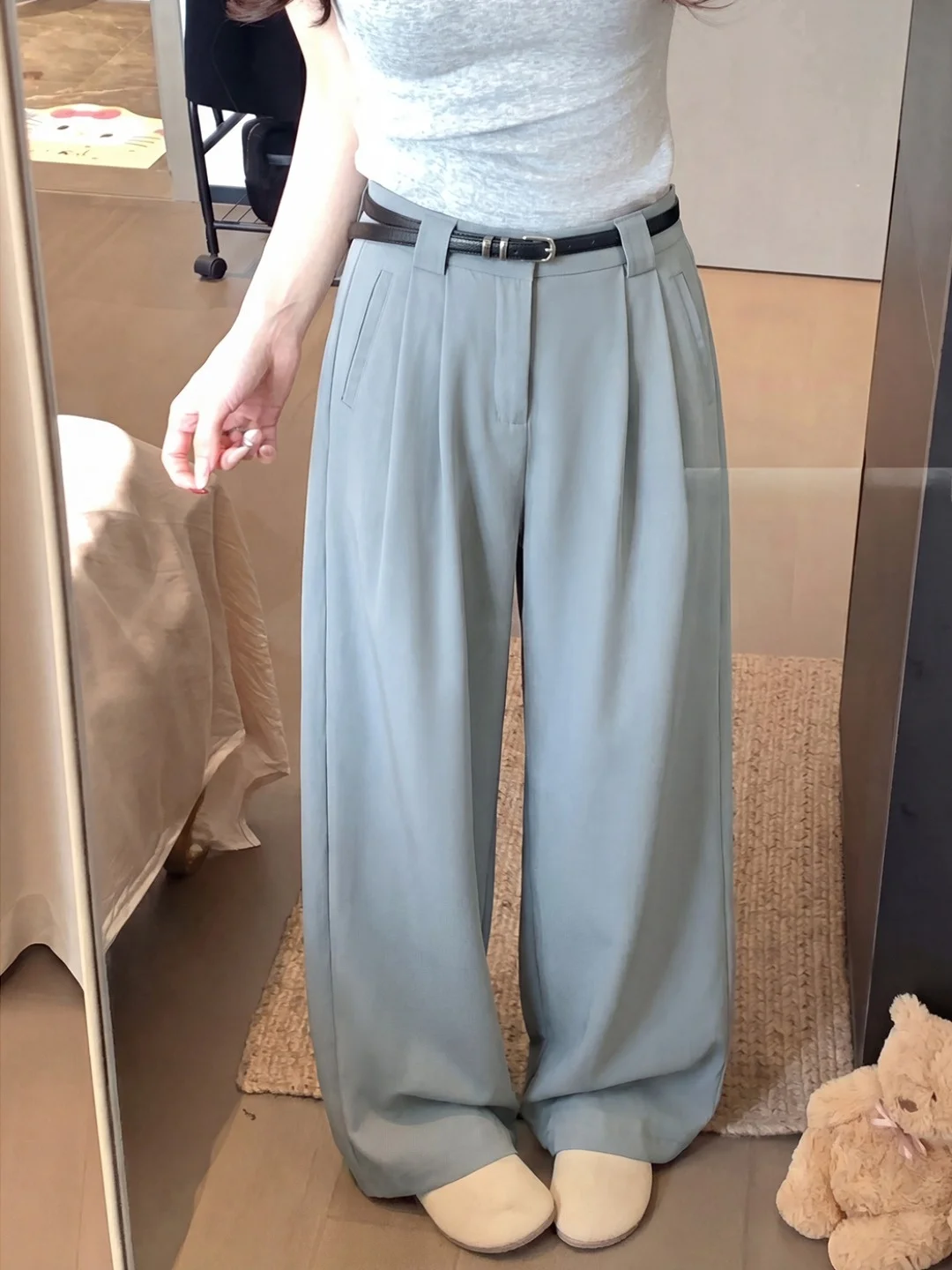 

High Waist Ice Silk Wide Leg Suit Pants Women Summer Loose Slimming Casual Trousers Heightening Straight Long Pants