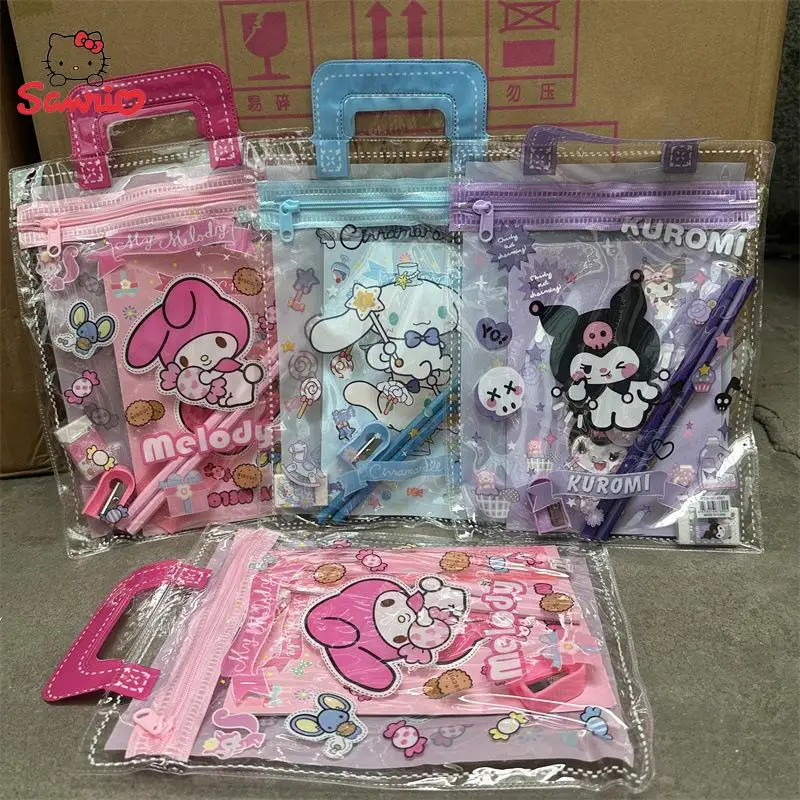 Sanrio Kawaii Kuromi Cinnamoroll Handheld Stationery Gift Bag Melody Notebook Ruler Pen Planer Eraser Set Student Accessories